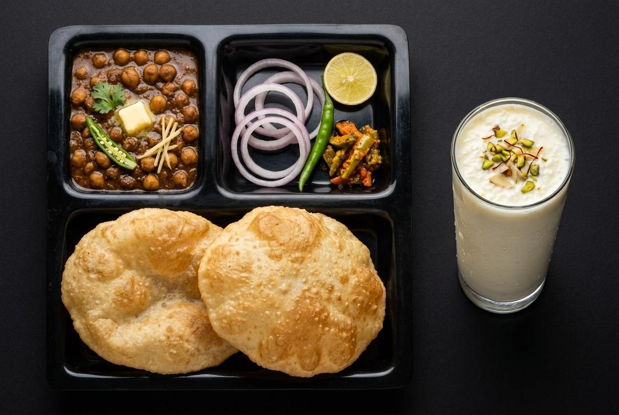 Chole bhature combo with two bhature, pindi chole, salad and a glass of lassi