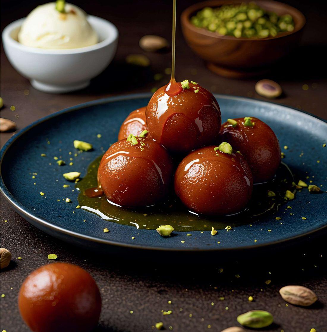 Warm gulab jamun with pistachio