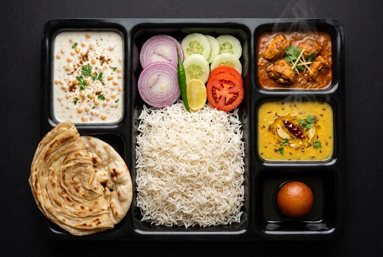 Non-veg deluxe thali with chicken curry, dal, rice, raita, salad, laccha paratha and gulab jamun