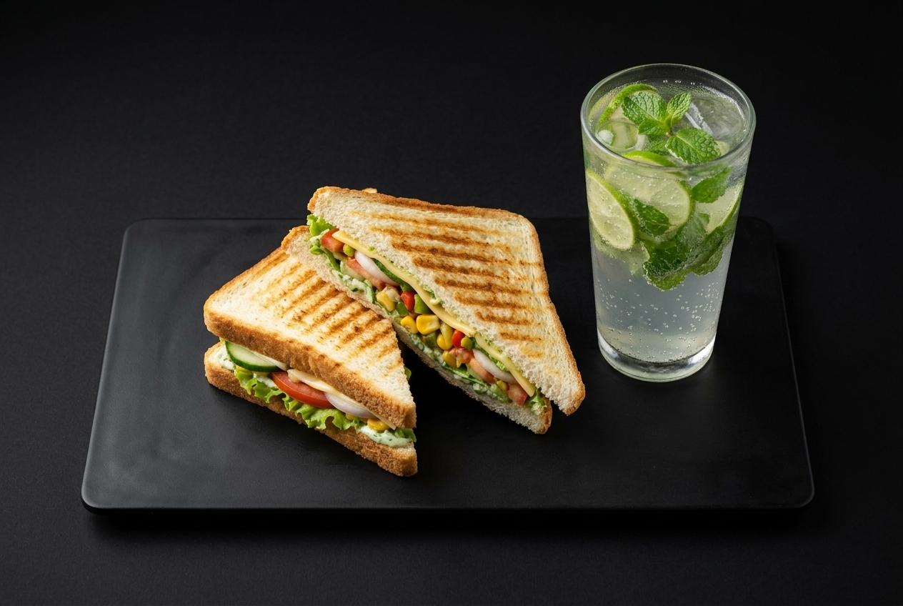 Veg grilled sandwich cut in halves with a glass of mint-lime mojito